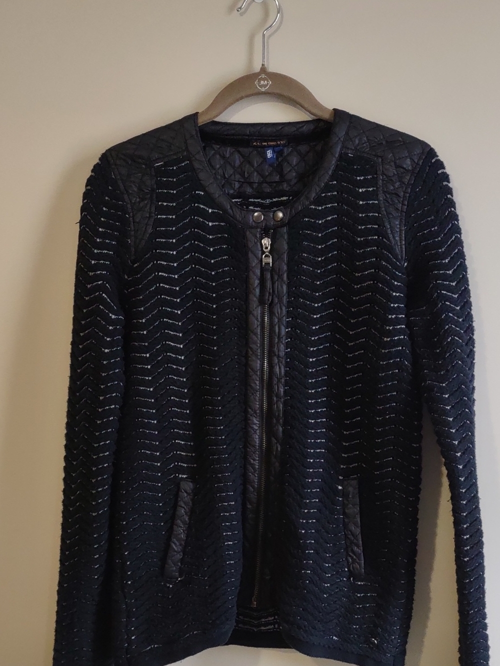 CECIL Black Quilted Trim Knit Zip Front Faux Leather Cardigan. Size Small